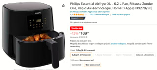 Philips Airfryer 3000 Series XL, 6.2L (1.2Kg) voor €109,99 bij Amazon
