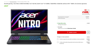 Portátil gaming Acer Nitro 5 AN515-58-595B con Intel Core i5-12500H, 16GB RAM, 512GB SSD por 699€