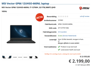 MSI Vector GP66 12UHSO-660NL laptop voor €2199 bij Informatique