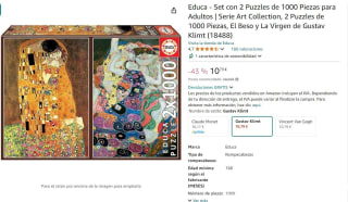 Set 2 Puzzles de 1000 Piezas marca Educa  Serie Art Collection El Beso y La Virgen de Gustav Klimt por 10,79€