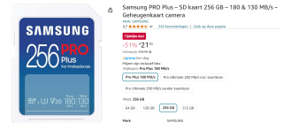 Samsung PRO Plus - SD Geheugenkaart - 256 GB voor €21,50 bij Amazon