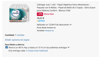 42 rollos Colhogar Just 1 Papel Higiénico Extra Absorbente de 5 Capas por 19,17€