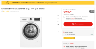 Lavadora BOSCH WAN28201EP 9 kg - 1400 rpm por 398,65€