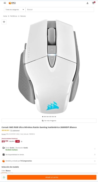 Corsair M65 RGB Ultra Wireless Ratón Gaming Inalámbrico 26000DPI Blanco por 89,99€.