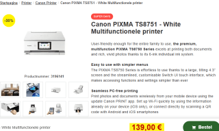 Canon PIXMA TS8751 - MFP Inkjet Printer voor €139 bij Proshop