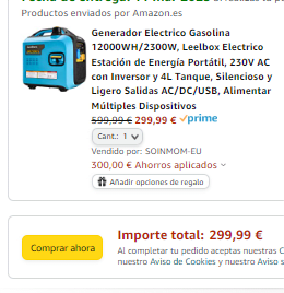 Generador Electrico Gasolina 12000WH/2300W por 299,99€