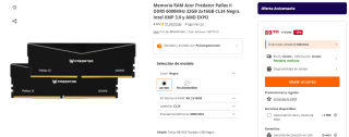Memoria RAM Acer Predator Pallas II DDR5 6000MHz 32GB 2x16GB CL34 Negra Intel XMP 3.0 y AMD EXPO por 89,99€