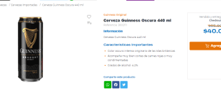 Cerveza Guinness oscura 440ml por $40