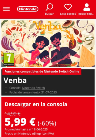 Venba Nintendo Switch por 5,99€.