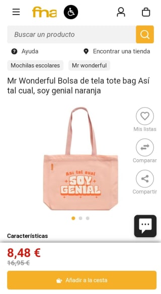 Mr Wonderful Bolsa de tela tote bag Así tal cual, soy genial naranja por 8,48€.