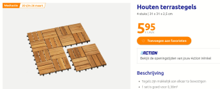 Houten terrastegels Houten terrastegels 4 stuks | 31 x 31 x 2,5 cm voor €5,95 bij de Action