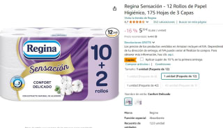 Regina Sensación - 12 Rollos de Papel Higiénico, 175 Hojas de 3 Capas por 4,85€