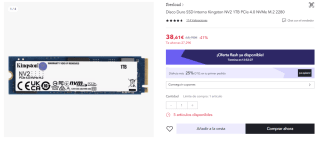 Disco Duro interno SSD Kingston NV2 1TB PCIe 4.0 NVMe M.2 2280 por 29€