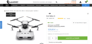 Drone DJI Mini 3 (RC-N1) + DJI Care 1 An + 1 batterie supplémentaire à 329€