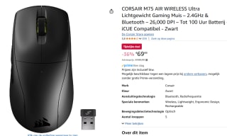 Corsair M75 AIR - Ultralichte Draadloze Gamingmuis - 26.000 DPI voor €69,99 bij Amazon