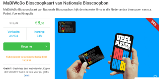 Bioscoopkaart MaDiWoDo van Nationale Bioscoopbon voor €8,50 via Social Deal