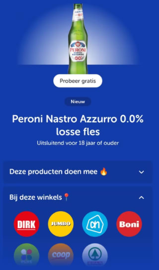 Probeer Peroni Nastro Azzarro 0.0% gratis na cashback via Tikkie