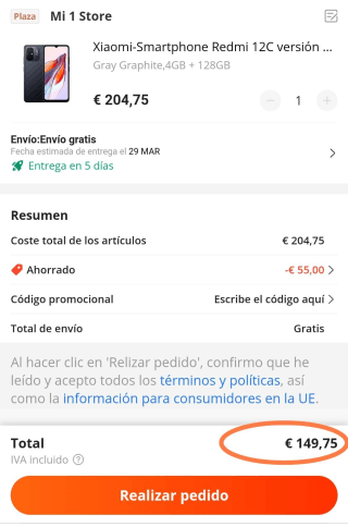 Xiaomi Redmi 12C de 4GB/128GB por 149,75€