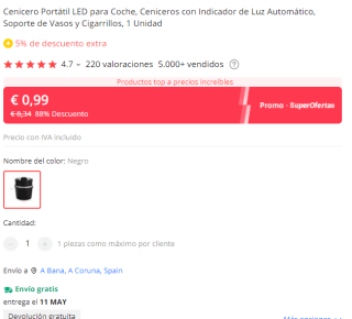 Cenicero con luz led portátil para coche