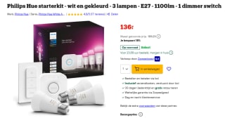 Philips Hue Starterkit (met 3-pack E27 lampen, 1 dimmer en switch) voor €136 bij Bol