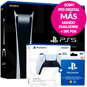 Pack PS5 + Mando Dual Sense + Tarjeta 50€ para PSstore + 5700 puntos Game (14,75€) por tan solo 569€