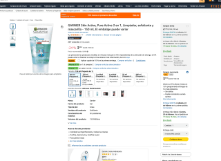 2 GARNIER Skin Active Pure Active 3 en 1 Limpiador exfoliante y mascarilla 150 ml por 5,39€