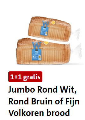 Jumbo Rond Wit, Rond Bruin of Fijn Volkoren brood 1+1 gratis