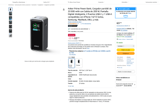 Cargador Anker Prime Power Bank portátil 20000 mAh salida 200W por 65,99€