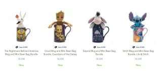 Diverse mokken met bijpassende mini bean bag voor €18 in de Disney Store