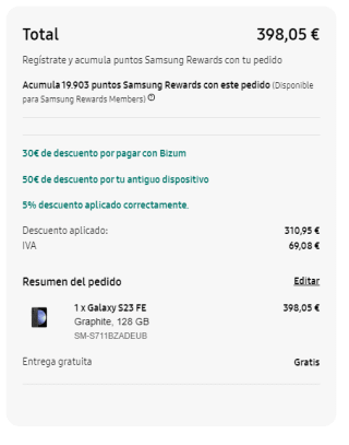 Samsung Galaxy S23 FE de 8GB/128GB por 398,05€