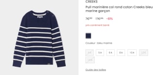 Pull col rond marinière Creeks à 7€