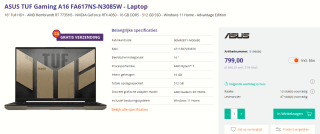 ASUS TUF Gaming A16 Advantage Edition FA617NS-N3085W voor €799 bij Azerty