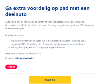 € 20 rijtegoed als nieuwe rijder bij Greenwheels via de NS weg = weg weken