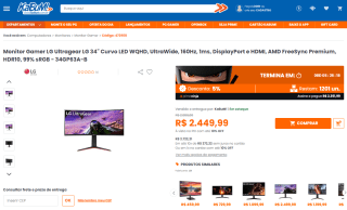 Monitor Gamer da LG, modelo Ultragear de 34 polegadas - R$ 2.449,99