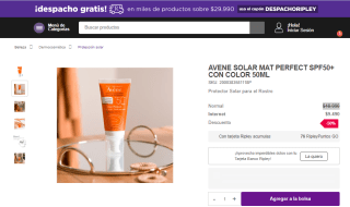Protector solar Avene Mat Perfect SPF50+ 50ml con color por $9.490