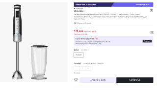 Batidora de Mano PowerGear 1500 XL. 1500 W, 21 Velocidades + Turbo, + vaso con tapa marca Cecotec por 19,70€ (Cuenta Nueva 11.82€)