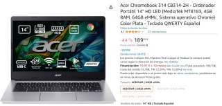Ordenador Portátil - Acer Chromebook CB314-2H-K3VM, 14" Full HD, MediaTek MT8183, 4GB RAM, 64GB eMMC, UMA, Google Chrome OS por 189€