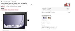 Tablet Samsung Galaxy Tab A9+ Wifi, 128GB, 8GB RAM por 169,15€