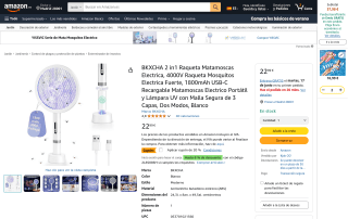 Raqueta matamoscas eléctrica BKXCHA 2 en 1 4000V USB-C recargable lámpara UV por 18,39€
