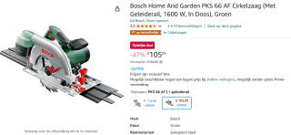 Bosch PKS 66 AF Cirkelzaag incl. zaagblad en geleiderail voor €105,99 bij Amazon