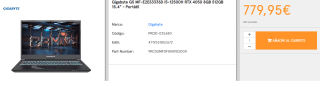 Ordenador Portatil Gigabyte G5 MF-E2ES333SD i5-12500H RTX 4050 8GB 512GB 15.4" por 779.95€