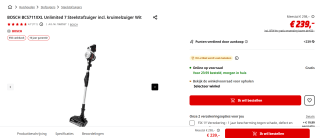 Bosch Unlimited 7 BCS711XXL - draadloze steelstofzuiger voor €239 bij de Mediamarkt