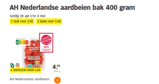 2 stuks Nederlandse aardbeien bak 400 gram voor €5 bij de AH