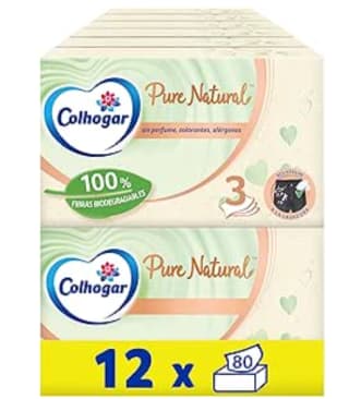 Caja con 960 Pañuelos Faciales Colhogar Pure Natural 12x80 - Caja de Faciales Suaves Biodegradables - Resistentes a la Lavadora - Hechos con Materiales Reciclados por 15.66€