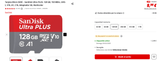 Tarjeta Micro SDXC SanDisk Ultra PLUS, 128 GB, 150 MB/s por 9,99€