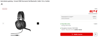 Auriculares gaming - Corsair HS65 Surround, No Bluetooth, Cable 1.8 m, Carbón por 63.55€