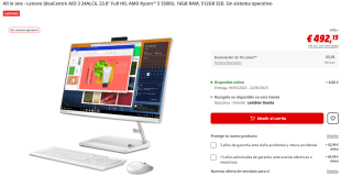 Ordenador All in one - Lenovo IdeaCentre AIO 3 24ALC6, 23.8" Full HD, AMD Ryzen 5 5500U, 16GB RAM, 512GB SSD, FreeDos por 492.15€