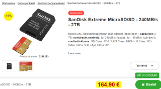 SanDisk Extreme MicroSDXC Class 10 2TB voor €164,90 bij Proshop