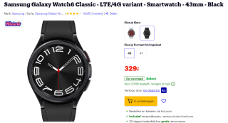 Samsung Galaxy Watch6 Classic, 43mm, Bluetooth + 4G (Zwart) voor €329 bij Bol.com