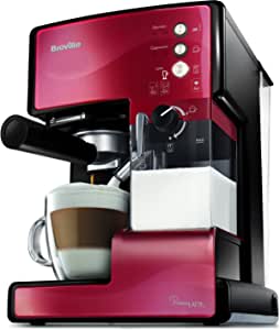 Cafetera para espresso, cappuccino y latte Breville PrimaLatte| Bomba italiana con 15 bar | Adecuado para café molido y monodosis | Depósito para tratamiento de leche integrado| Metálico/Rojo| VCF046X por 139,99€